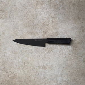 165mm Serrated Petty Knife. Black Stonewashed AUS8. Black Recycled Plastic Skateboard Material Handle - Nacionale Bladeworks