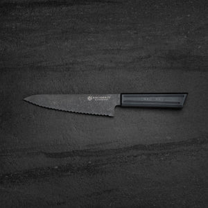 165mm Serrated Petty Knife. Black Stonewashed AUS8. Black Recycled Plastic Skateboard Material Handle - Nacionale Bladeworks