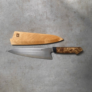 Jujumao x Nacionale 215mm Chefs Knife. San Mai AUS10 Stainless. Stabilized Maple Burl Handle + G10 Bolster. - Nacionale Bladeworks