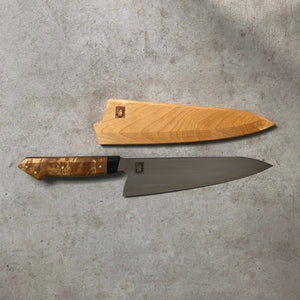 Jujumao x Nacionale 215mm Chefs Knife. San Mai AUS10 Stainless. Stabilized Maple Burl Handle + G10 Bolster. - Nacionale Bladeworks