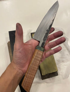 150mm Honesuki. Double Beveled. Flame Maple Handle. Oak Saya (SOLD PER PIECE) - Nacionale Bladeworks