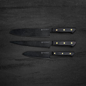 3-piece Set. Full Tang Gyuto / Serrated / Petty. Black Pakka. Black Stone Washed Stainless AUS8 - Nacionale Bladeworks